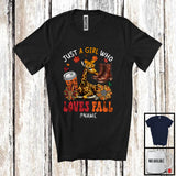 MacnyStore - Personalized Just A Girl Who Loves Fall; Adorable Custom Name Giraffe; Fall Plaid Sunflowers T-Shirt