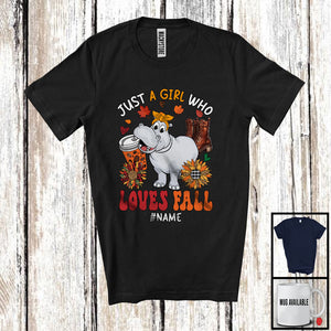 MacnyStore - Personalized Just A Girl Who Loves Fall; Adorable Custom Name Hippo; Fall Plaid Sunflowers T-Shirt