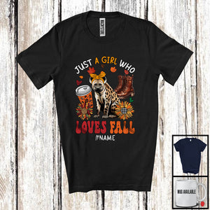 MacnyStore - Personalized Just A Girl Who Loves Fall; Adorable Custom Name Hyena; Fall Plaid Sunflowers T-Shirt