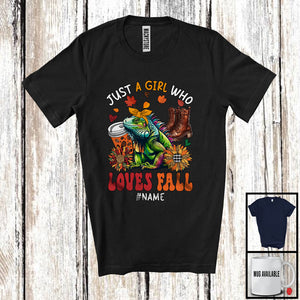 MacnyStore - Personalized Just A Girl Who Loves Fall; Adorable Custom Name Iguana; Fall Plaid Sunflowers T-Shirt