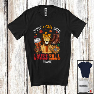 MacnyStore - Personalized Just A Girl Who Loves Fall; Adorable Custom Name Lion; Fall Plaid Sunflowers T-Shirt