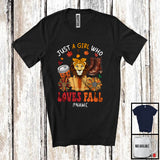 MacnyStore - Personalized Just A Girl Who Loves Fall; Adorable Custom Name Lion; Fall Plaid Sunflowers T-Shirt