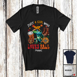 MacnyStore - Personalized Just A Girl Who Loves Fall; Adorable Custom Name Lizard; Fall Plaid Sunflowers T-Shirt