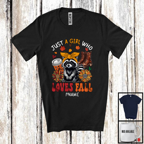 MacnyStore - Personalized Just A Girl Who Loves Fall; Adorable Custom Name Raccoon; Fall Plaid Sunflowers T-Shirt