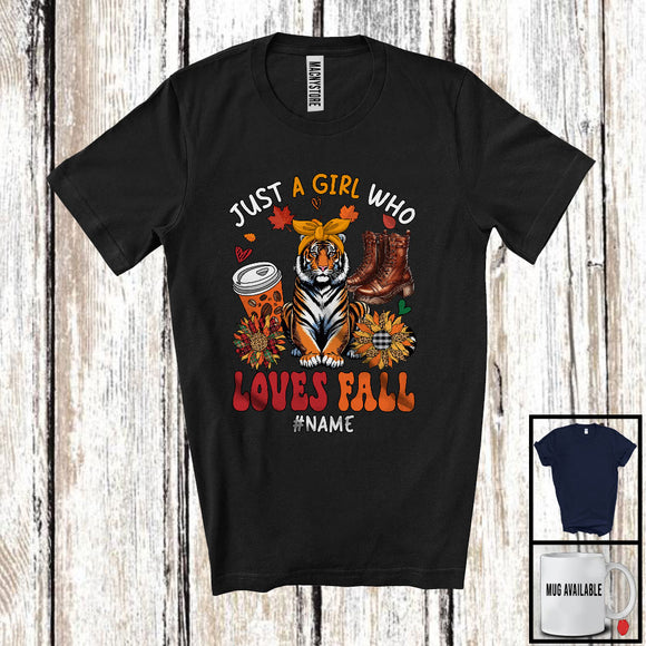 MacnyStore - Personalized Just A Girl Who Loves Fall; Adorable Custom Name Tiger; Fall Plaid Sunflowers T-Shirt