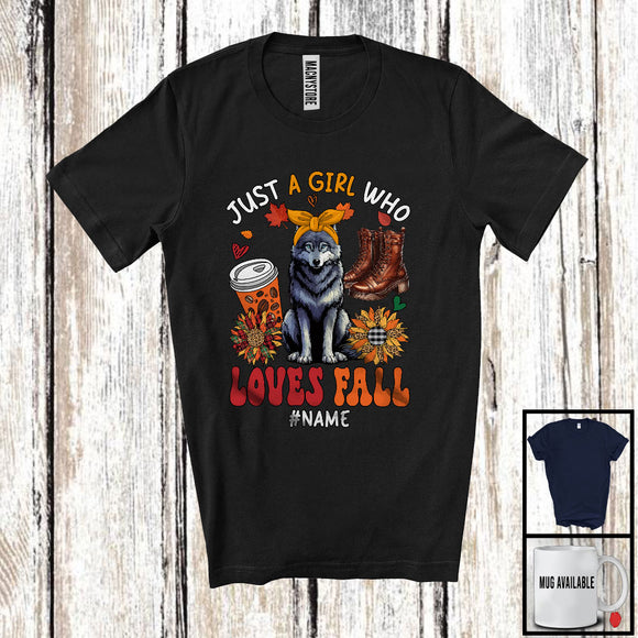 MacnyStore - Personalized Just A Girl Who Loves Fall; Adorable Custom Name Wolf; Fall Plaid Sunflowers T-Shirt