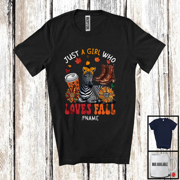 MacnyStore - Personalized Just A Girl Who Loves Fall; Adorable Custom Name Zebra; Fall Plaid Sunflowers T-Shirt