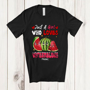 MacnyStore - Personalized Just A Girl Who Loves Watermelons; Adorable Hearts Watermelon; Custom Name Family T-Shirt