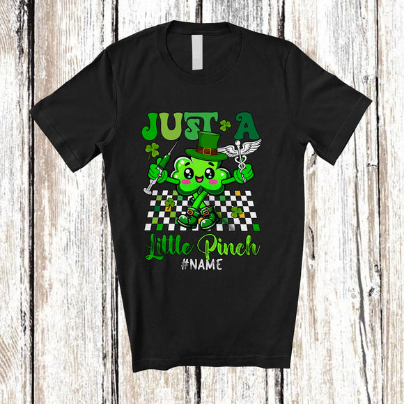 MacnyStore - Personalized Just a Little Pinch; Cheerful St. Patrick's Day Shamrock Custom Name Nurse; Family T-Shirt