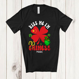 MacnyStore - Personalized Kiss Me I'm Chinese; Fantastic St. Patrick's Day Custom Name Chinese Flag Shamrock T-Shirt