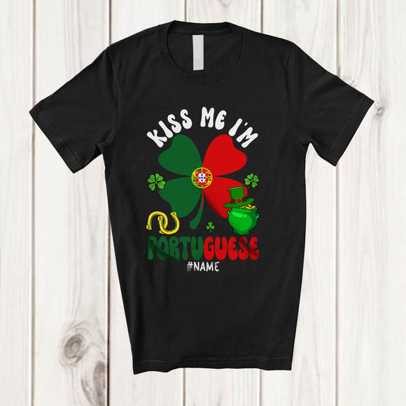 MacnyStore - Personalized Kiss Me I'm Portuguese; Fantastic St. Patrick's Day Custom Name Portuguese Flag Shamrock T-Shirt