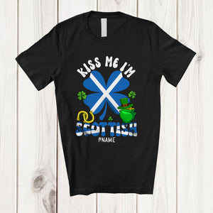 MacnyStore - Personalized Kiss Me I'm Scottish; Fantastic St. Patrick's Day Custom Name Scotland Flag Shamrock T-Shirt