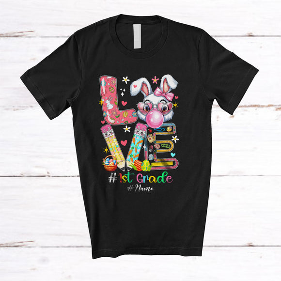 MacnyStore - Personalized LOVE 1st Grade; Lovely Easter Bunny Face; Custom Name Students Teacher T-Shirt