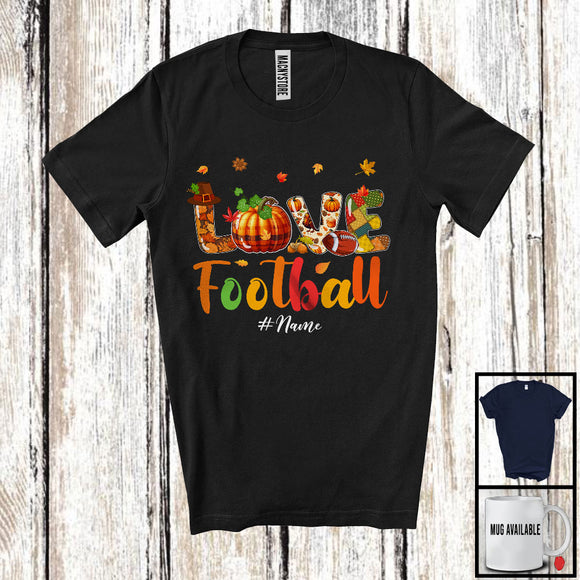 MacnyStore - Personalized LOVE Football; Joyful Thanksgiving Plaid Pumpkin; Custom Name Football Player T-Shirt