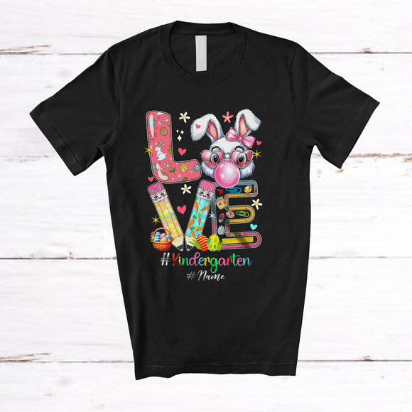 MacnyStore - Personalized LOVE Kindergarten; Lovely Easter Bunny Face; Custom Name Students Teacher T-Shirt