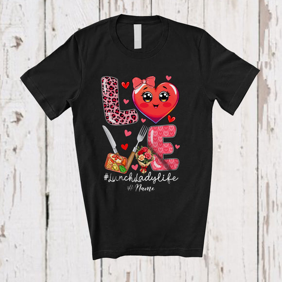 MacnyStore - Personalized LOVE Lunch Lady; Lovely Valentine Hearts Leopard; Custom Name Lunch Lady Jobs T-Shirt