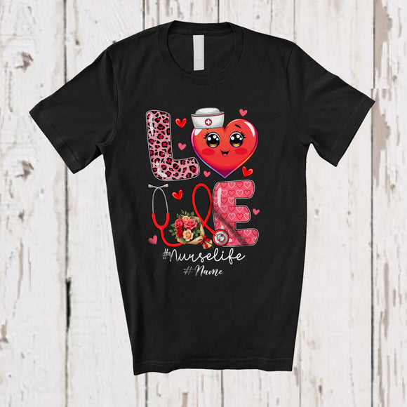 MacnyStore - Personalized LOVE Nurse; Lovely Valentine Hearts Leopard; Custom Name Nurse Jobs T-Shirt