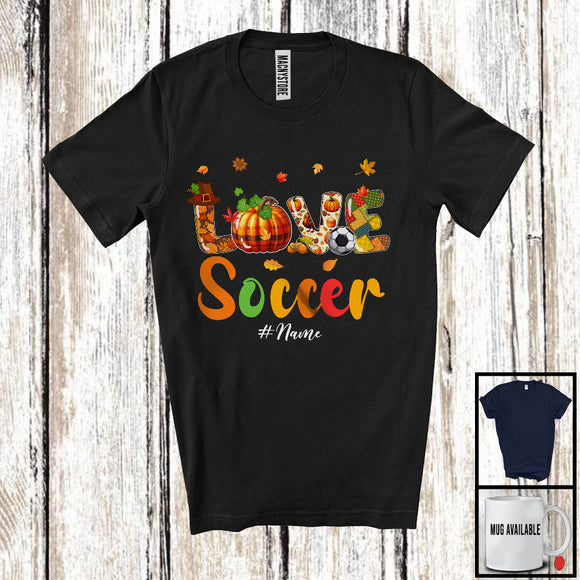 MacnyStore - Personalized LOVE Soccer; Joyful Thanksgiving Plaid Pumpkin; Custom Name Soccer Player T-Shirt