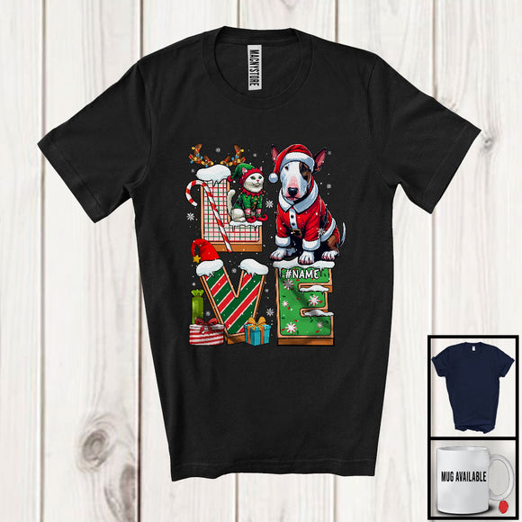 MacnyStore - Personalized LOVE, Adorable Christmas Custom Name Bull Terrier Santa, Candy Cane X-mas T-Shirt