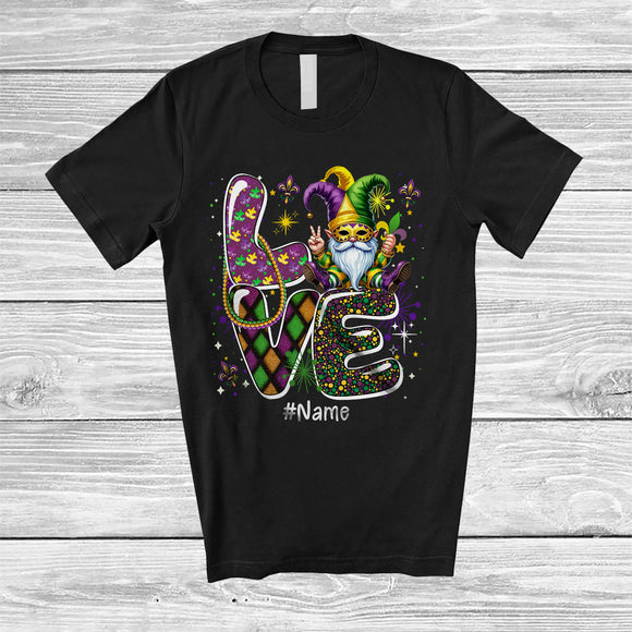 MacnyStore - Personalized LOVE; Adorable Mardi Gras Custom Name Gnome Wearing Jester Hat Mask Beads T-Shirt