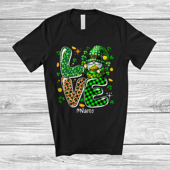 MacnyStore - Personalized LOVE; Adorable St. Patrick's Day Custom Name Gnome; Leopard Plaid Shamrock T-Shirt