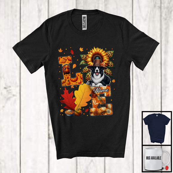 MacnyStore - Personalized LOVE, Adorable Thanksgiving Custom Name Border Collie, Sunflower Fall Leaves T-Shirt