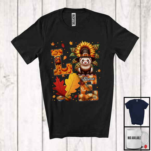 MacnyStore - Personalized LOVE, Adorable Thanksgiving Custom Name Ferret, Sunflower Fall Leaves T-Shirt