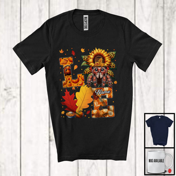 MacnyStore - Personalized LOVE, Adorable Thanksgiving Custom Name Tarantula, Sunflower Fall Leaves T-Shirt