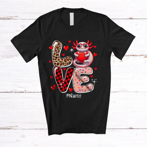 MacnyStore - Personalized LOVE; Adorable Valentine Custom Name Axolotl Holding Heart; Leopard Plaid T-Shirt