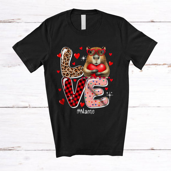 MacnyStore - Personalized LOVE; Adorable Valentine Custom Name Capybara Holding Heart; Leopard Plaid T-Shirt