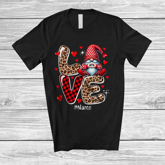 MacnyStore - Personalized LOVE; Adorable Valentine's Day Custom Name Gnome; Leopard Plaid Hearts T-Shirt