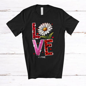 MacnyStore - Personalized LOVE; Amazing Valentine's Day Daisy Leopard Hearts; Custom Name Women Single T-Shirt