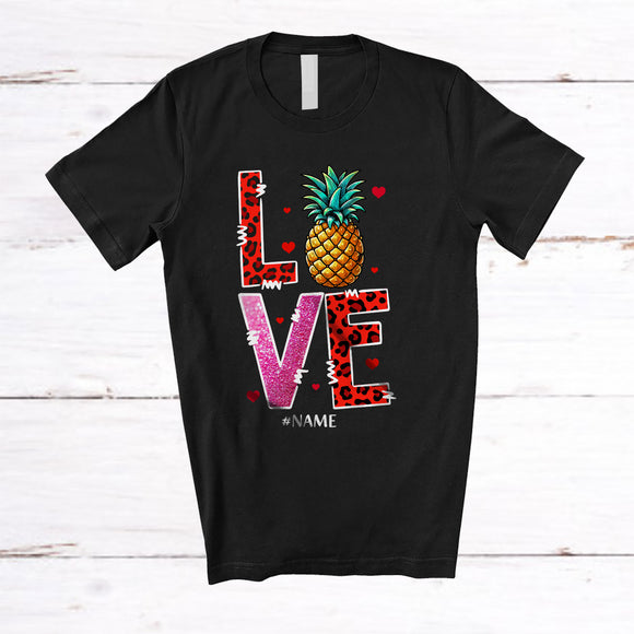 MacnyStore - Personalized LOVE; Amazing Valentine's Day Pineapple Leopard Hearts; Custom Name Women Single T-Shirt