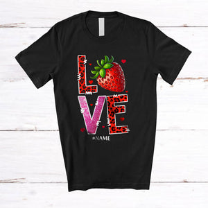 MacnyStore - Personalized LOVE; Amazing Valentine's Day Strawberry Leopard Hearts; Custom Name Women Single T-Shirt