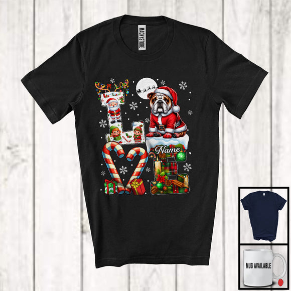 MacnyStore - Personalized LOVE, Awesome Christmas Custom Name Bulldog Santa, Candy Cane Plaid Animal T-Shirt