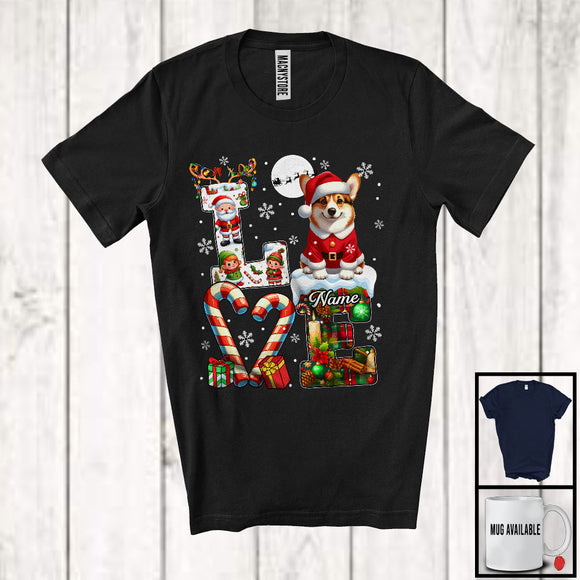 MacnyStore - Personalized LOVE, Awesome Christmas Custom Name Corgi Santa, Candy Cane Plaid Animal T-Shirt
