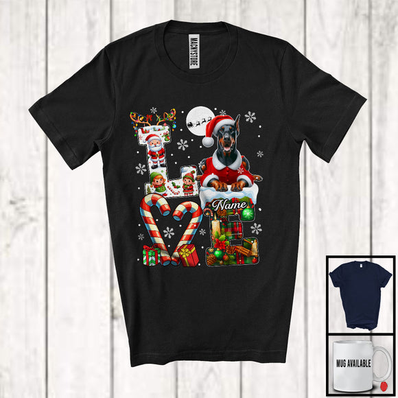 MacnyStore - Personalized LOVE, Awesome Christmas Custom Name Dobermann Santa, Candy Cane Plaid Animal T-Shirt
