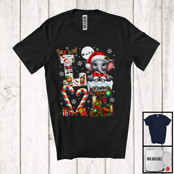 MacnyStore - Personalized LOVE, Awesome Christmas Custom Name Elephant Santa, Candy Cane Plaid Animal T-Shirt