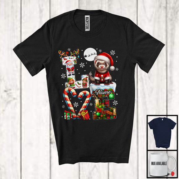 MacnyStore - Personalized LOVE, Awesome Christmas Custom Name Ferret Santa, Candy Cane Plaid Animal T-Shirt