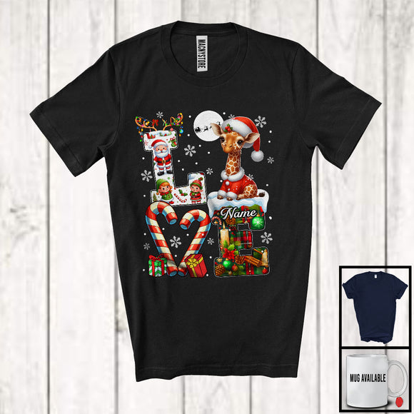 MacnyStore - Personalized LOVE, Awesome Christmas Custom Name Giraffe Santa, Candy Cane Plaid Animal T-Shirt