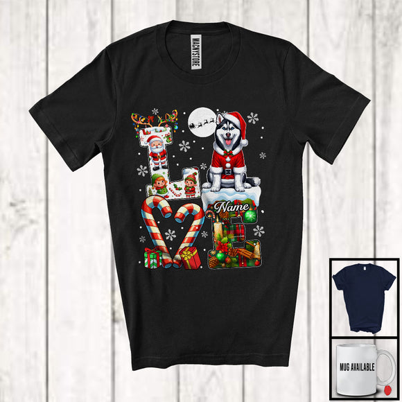MacnyStore - Personalized LOVE, Awesome Christmas Custom Name Husky Santa, Candy Cane Plaid Animal T-Shirt