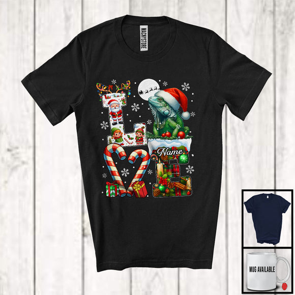 MacnyStore - Personalized LOVE, Awesome Christmas Custom Name Iguana Santa, Candy Cane Plaid Animal T-Shirt