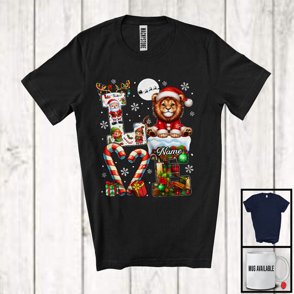 MacnyStore - Personalized LOVE, Awesome Christmas Custom Name Lion Santa, Candy Cane Plaid Animal T-Shirt