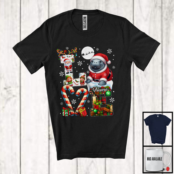 MacnyStore - Personalized LOVE, Awesome Christmas Custom Name Manatee Santa, Candy Cane Plaid Animal T-Shirt