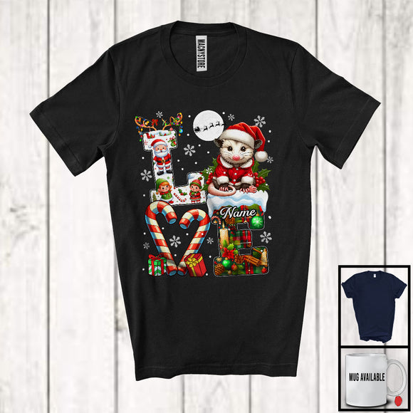MacnyStore - Personalized LOVE, Awesome Christmas Custom Name Opossum Santa, Candy Cane Plaid Animal T-Shirt