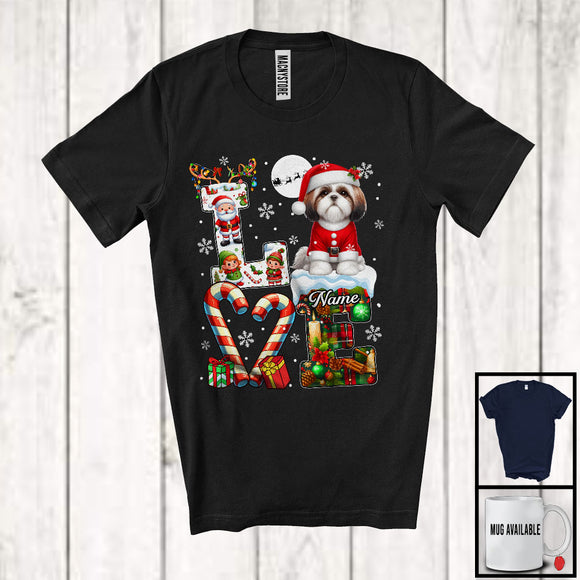 MacnyStore - Personalized LOVE, Awesome Christmas Custom Name Shih Tzu Santa, Candy Cane Plaid Animal T-Shirt
