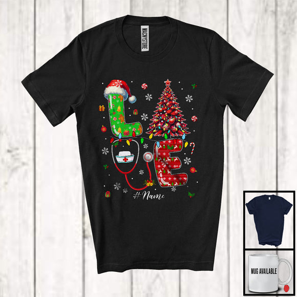 MacnyStore - Personalized LOVE; Awesome Christmas Lights Plaid Tree; Custom Name Santa Nurse Group T-Shirt