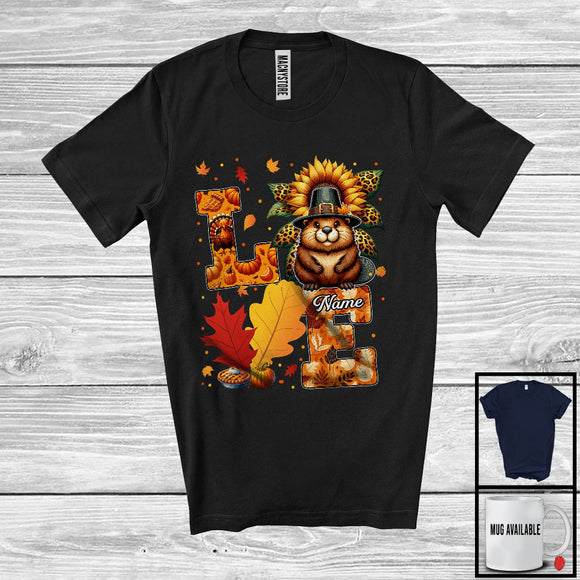 MacnyStore - Personalized LOVE; Lovely Thanksgiving Custom Name Beaver; Leopard Sunflowers Fall Leaves T-Shirt