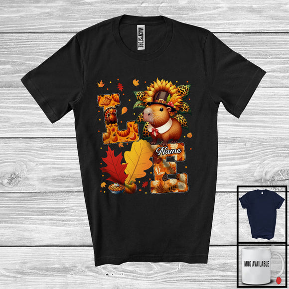 MacnyStore - Personalized LOVE; Lovely Thanksgiving Custom Name Capybara; Leopard Sunflowers Fall Leaves T-Shirt