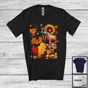 MacnyStore - Personalized LOVE; Lovely Thanksgiving Custom Name Walrus; Leopard Sunflowers Fall Leaves T-Shirt